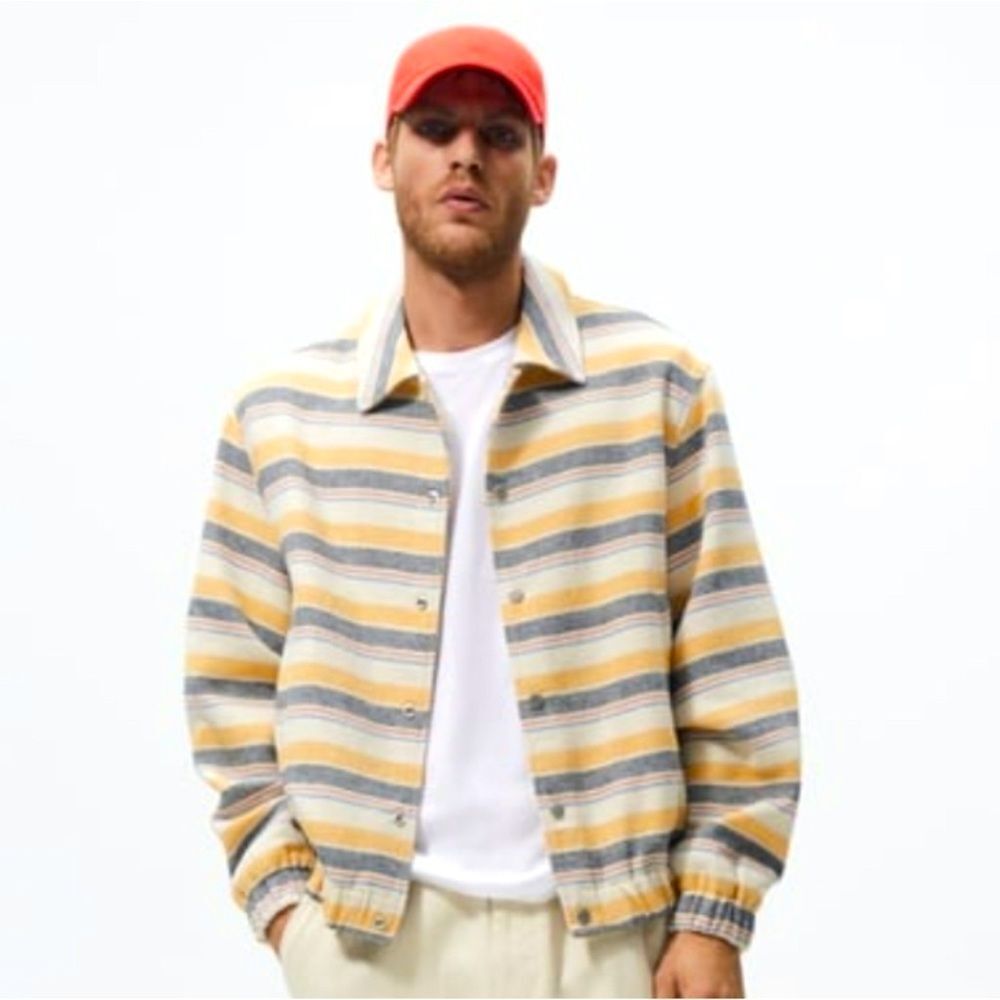 Zara Men’s Striped Beige Yellow Multicolored Structured Button Up Jacket Sz XL